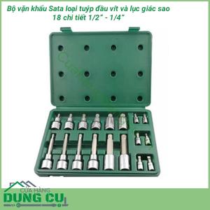 Bộ vặn khẩu Sata tuýp đầu vít và lục giác sao 18 chi tiết 1/2inch và 1/4inch