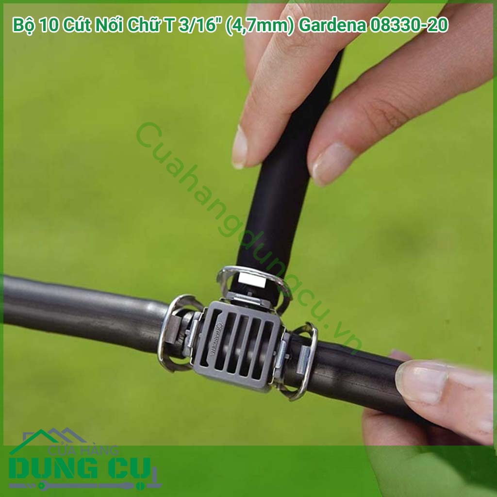 Bộ 10 cút nối ống chữ T 3/16 inch (4,6mm) Gardena 08330-20 là một phần trong hệ thống tưới nhỏ giọt Gardena sử dụng để kết nối cho việc đi đường ống tưới.