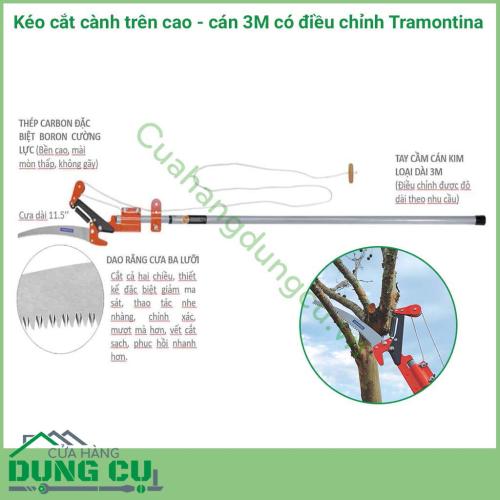 Kéo cắt cành trên cao cán 3M có điều chỉnh Tramontina là dụng cụ hữu ích cho công việc cắt tỉa trên cao. Kéo cắt cành trên cao cán dài 3m dây giật là một trong những sản phẩm thông minh nhất của con người cho công việc cắt tỉa cành trên cao.