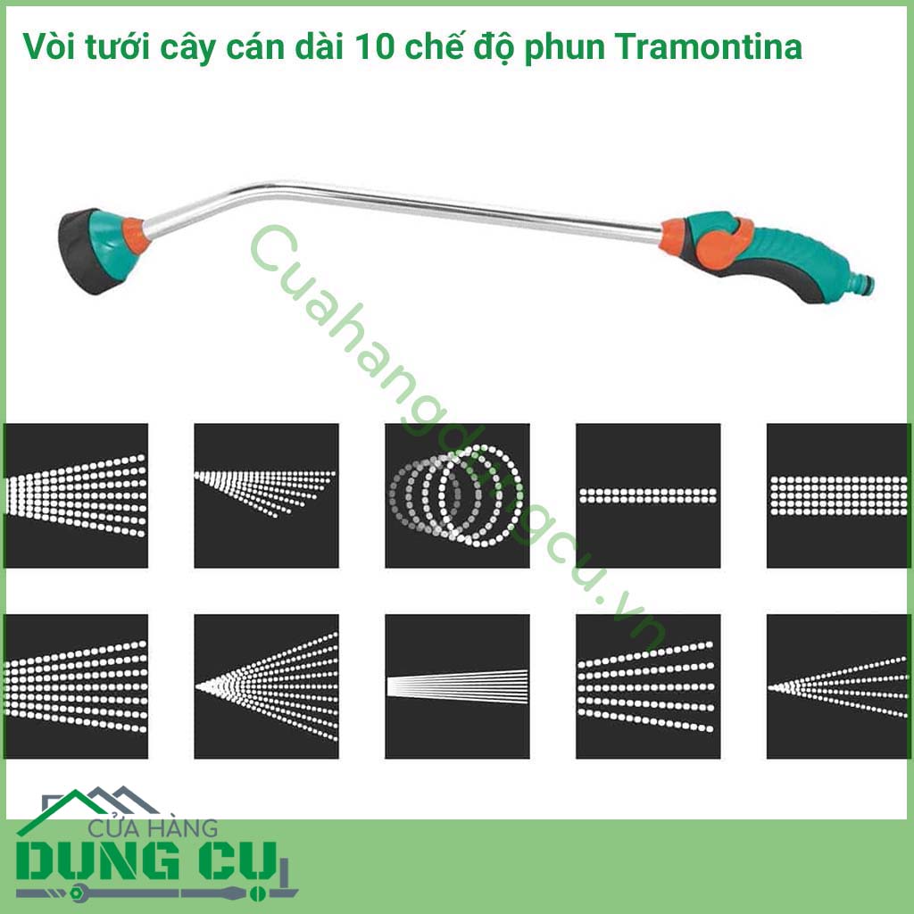 Vòi tưới cây cán dài 10 chế độ tưới Tramontina là sản phẩm được sản xuất với chất liệu chất lượng cao dùng cho tưới cây. Dùng để tưới vườn, phun xịt rửa xe và tưới rau rất tiện lợi. Vòi tưới đa năng với 10 chế độ phun xịt dễ dàng điều chỉnh.