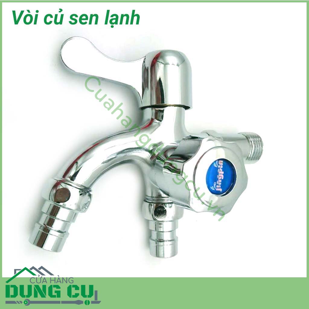 Vòi củ sen lạnh có 02 chức năng xả nước, 1 xả nước xuống bể chứa, 1 dùng để nối dây sen tắm, dây xịt vệ sinh,dây rửa xe….Bên cạnh đó đầu xả nước xuống chậu chứa nước cũng có thể nối dây máy giặt. Vòi có độ bền và tuổi thọ cao, đẹp mắt dễ dàng vệ sinh.