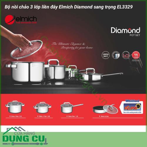 Bộ nồi chảo sang trọng 3 lớp liền đáy Elmich Diamond EL3329 thiết kế sang trọng và hiện đại, sử dụng được trên tất cả các loại bếp. Bên cạnh đó, bộ sản phẩm được làm từ chất liệu Inox bền, đẹp, truyền nhiệt và giữ nhiệt tối ưu, an toàn cho sức khỏe.