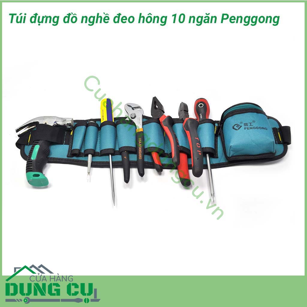 Túi đựng đồ nghề đeo hông 10 ngăn Penggong là sản phẩm chuyên dùng cho kỹ thuật viên bảo trì, sửa chữa, lắp đặt điện,nước , điều hòa , camera, cơ khí... và các công việc liên quan đến kỹ thuật