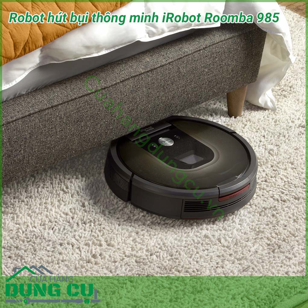 Robot hút bụi thông minh iRobot Roomba 985 cho sàn nhà sạch hơn. Robot định vị liên tục để làm sạch từng ngóc ngách ngôi nhà, theo dõi vị trí sạc để có thể quay về sạc và tự động quay lại làm cho đến khi công việc hoàn tất.