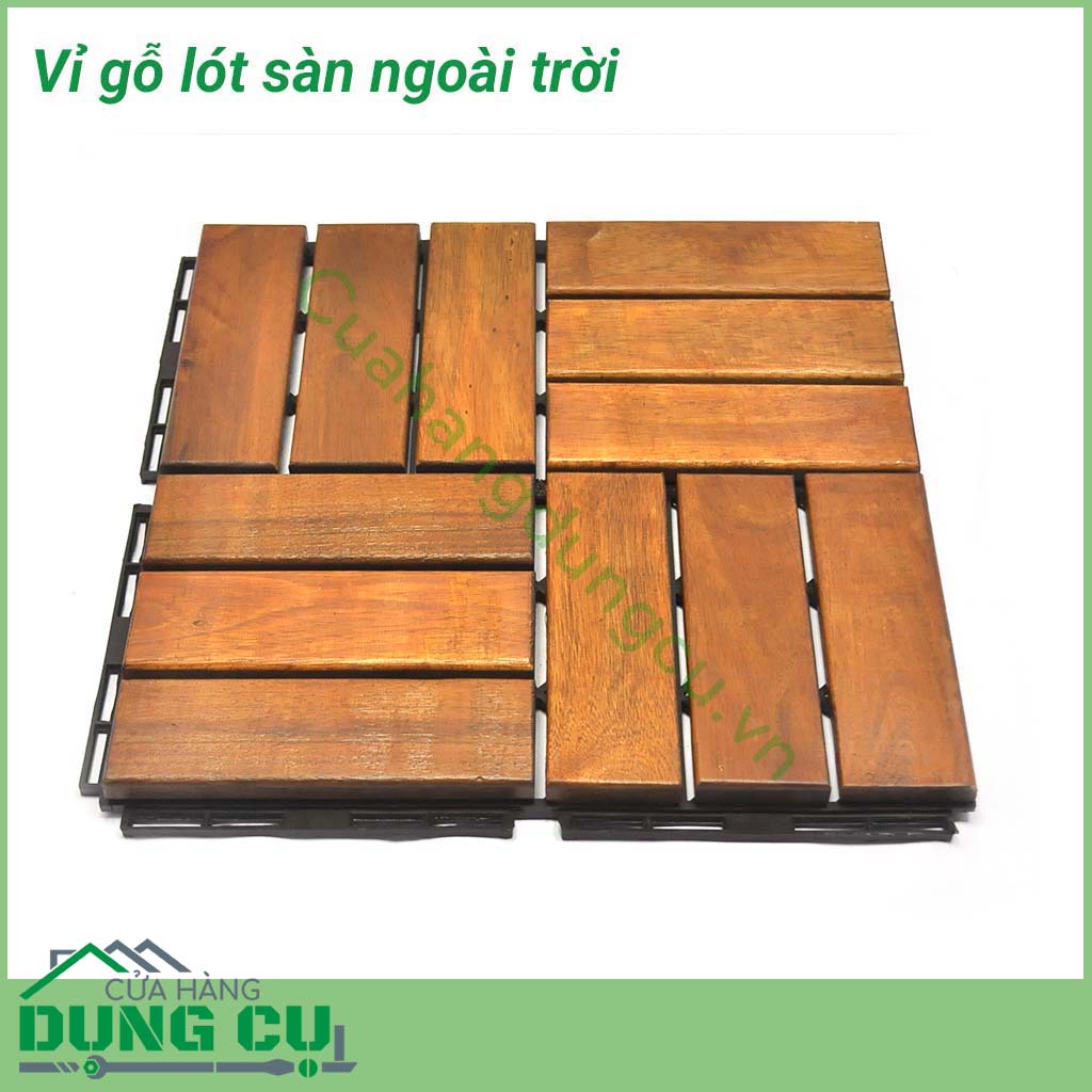 Vỉ gỗ lót sàn ngoài trời được cấu tạo phía trên là những thanh gỗ, mặt dưới là lớp vỉ nhựa nguyên chất, được sử dụng lót sàn trong khuôn viên với diện tích nhỏ như ban công, hành lang, sân vườn, sân thượng, nhà tắm.