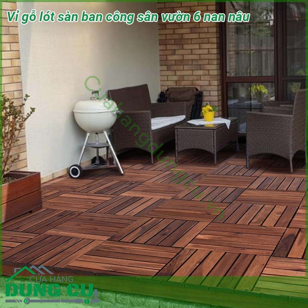 Vỉ gỗ lót sàn ban công sân vườn 6 nan nâu được thiết kế rãnh chống trơn trượt. Dầu phủ bảo vệ gỗ, chống thấm nước. Độ ổn định cao trong điều kiện nước mưa và dưới ánh nắng mặt trời.