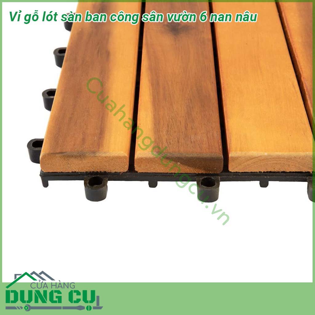 Vỉ gỗ lót sàn ban công sân vườn 6 nan nâu được thiết kế rãnh chống trơn trượt. Dầu phủ bảo vệ gỗ, chống thấm nước. Độ ổn định cao trong điều kiện nước mưa và dưới ánh nắng mặt trời.