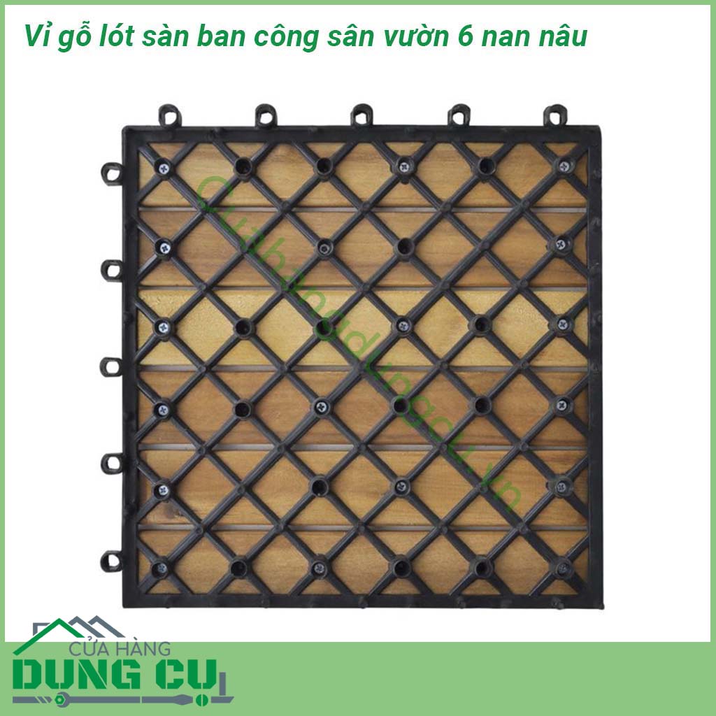 Vỉ gỗ lót sàn ban công sân vườn 6 nan nâu được thiết kế rãnh chống trơn trượt. Dầu phủ bảo vệ gỗ, chống thấm nước. Độ ổn định cao trong điều kiện nước mưa và dưới ánh nắng mặt trời.
