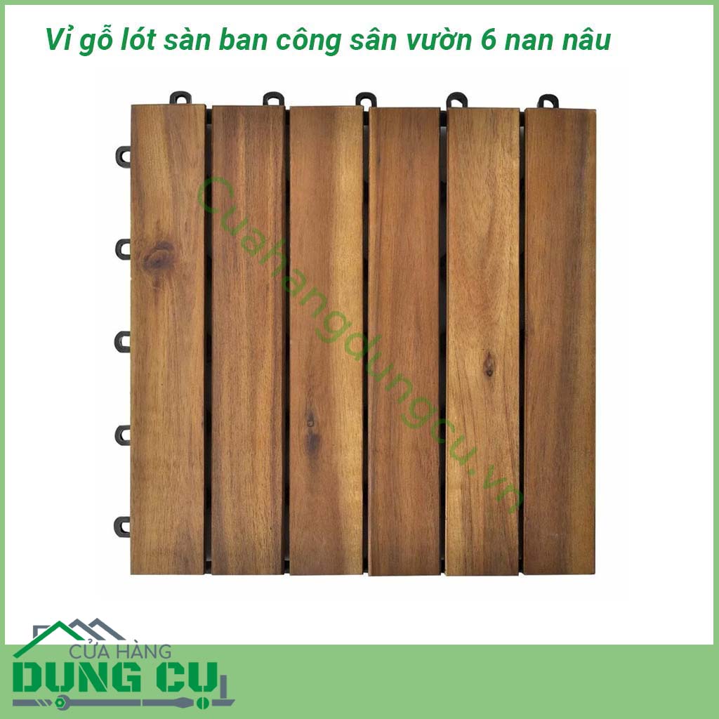 Vỉ gỗ lót sàn ban công sân vườn 6 nan nâu được thiết kế rãnh chống trơn trượt. Dầu phủ bảo vệ gỗ, chống thấm nước. Độ ổn định cao trong điều kiện nước mưa và dưới ánh nắng mặt trời.
