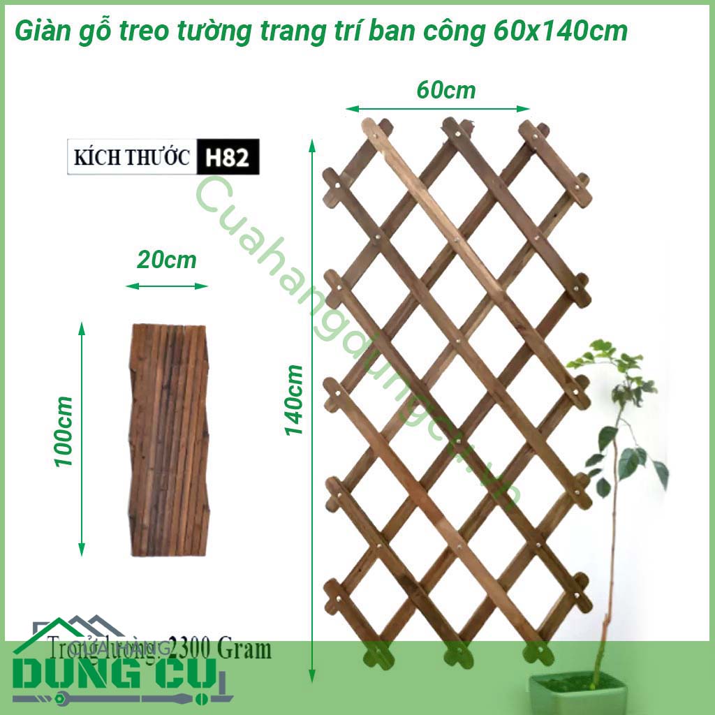 Giàn gỗ treo tường trang trí ban công 60x140cm được làm từ gỗ tự nhiên đã được xử lý chống mối mọt bề mặt được sơn phủ màu cánh gián hoặc nâu cà phê nên đảm bảo không ẩm mốc Khung có thể thu gọn và kéo dãn rộng phù hợp với diện tích ban công