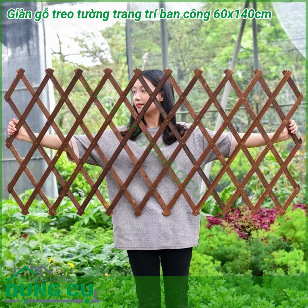 Giàn gỗ treo tường trang trí ban công 60x140cm được làm từ gỗ tự nhiên đã được xử lý chống mối mọt bề mặt được sơn phủ màu cánh gián hoặc nâu cà phê nên đảm bảo không ẩm mốc Khung có thể thu gọn và kéo dãn rộng phù hợp với diện tích ban công