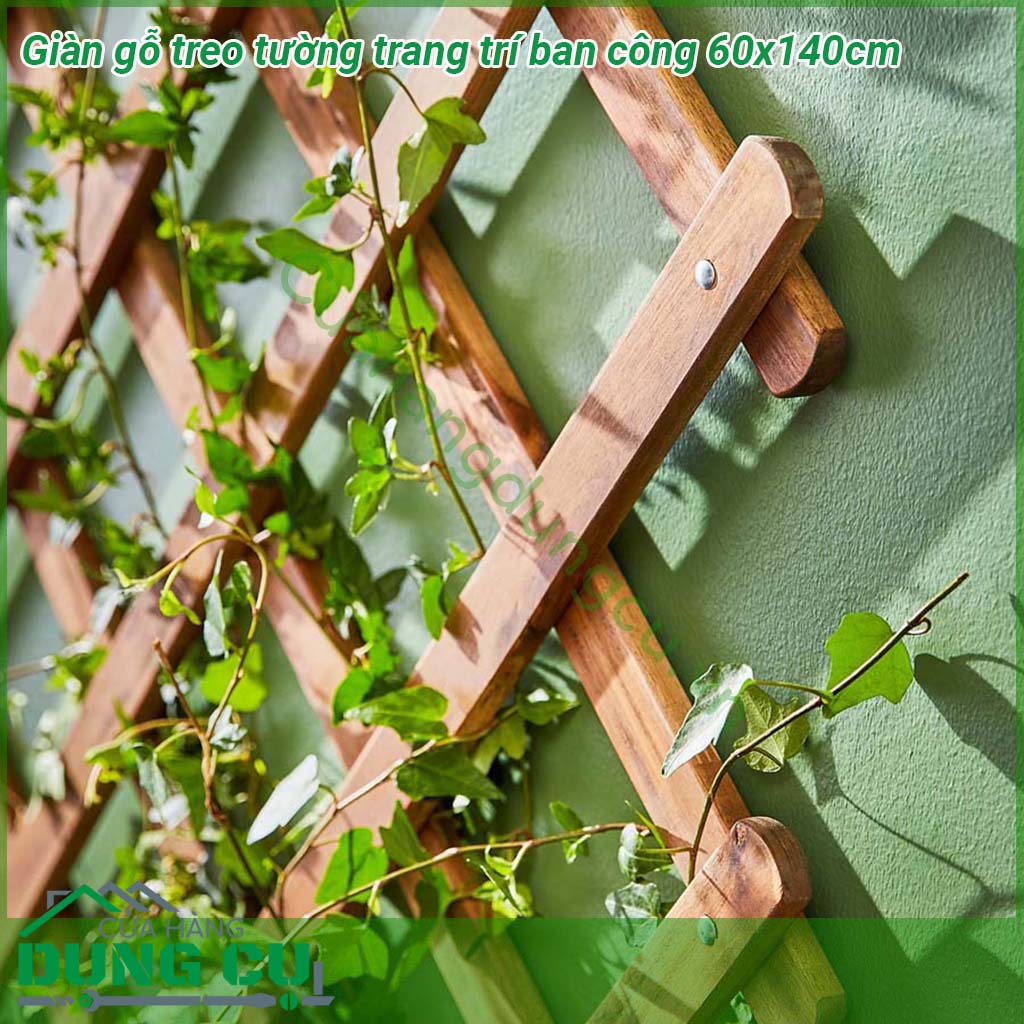 Giàn gỗ treo tường trang trí ban công 60x140cm được làm từ gỗ tự nhiên đã được xử lý chống mối mọt bề mặt được sơn phủ màu cánh gián hoặc nâu cà phê nên đảm bảo không ẩm mốc Khung có thể thu gọn và kéo dãn rộng phù hợp với diện tích ban công