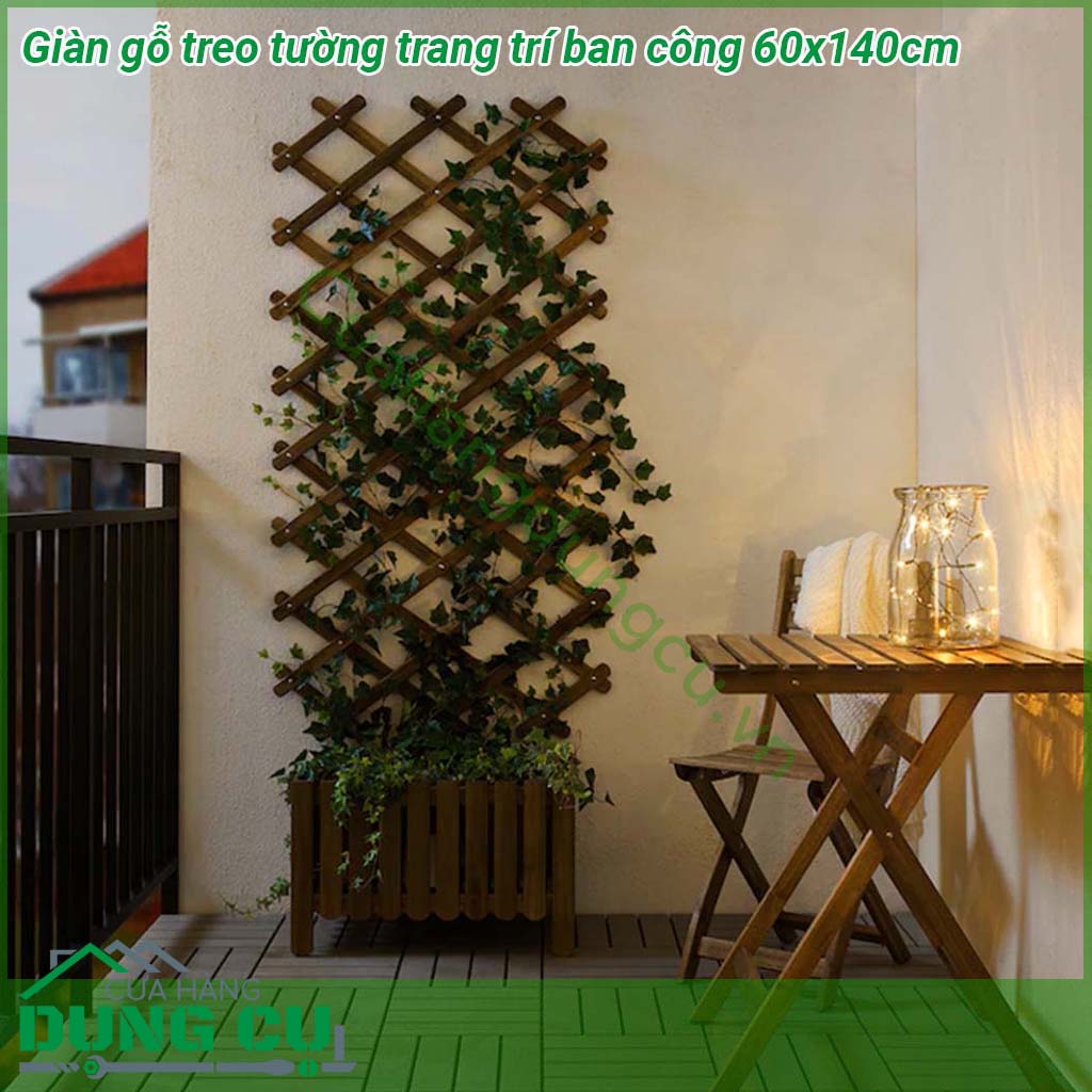 Giàn gỗ treo tường trang trí ban công 60x140cm được làm từ gỗ tự nhiên đã được xử lý chống mối mọt bề mặt được sơn phủ màu cánh gián hoặc nâu cà phê nên đảm bảo không ẩm mốc Khung có thể thu gọn và kéo dãn rộng phù hợp với diện tích ban công