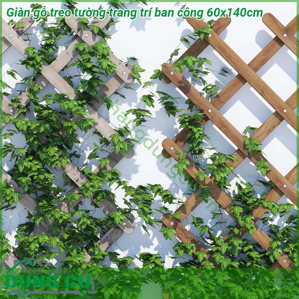 Giàn gỗ treo tường trang trí ban công 60x140cm được làm từ gỗ tự nhiên đã được xử lý chống mối mọt bề mặt được sơn phủ màu cánh gián hoặc nâu cà phê nên đảm bảo không ẩm mốc Khung có thể thu gọn và kéo dãn rộng phù hợp với diện tích ban công