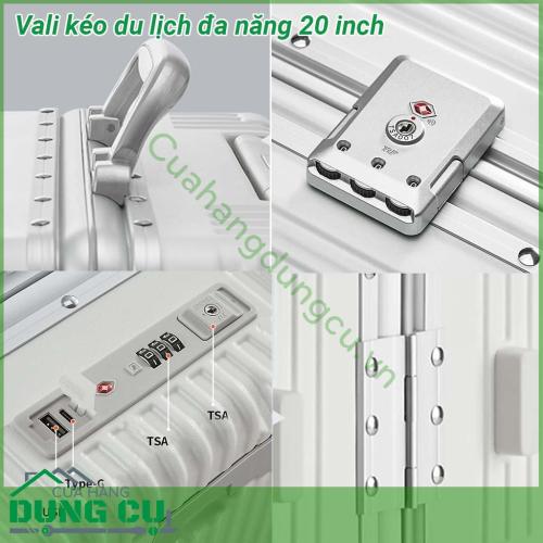 Vali kéo du lịch đa năng 20 inch có thiết kế khung hợp kim nhôm siêu chắc chắn Tay cầm bằng kim loại sáng bóng không gỉ kéo lên kéo xuống mượt mà Bánh xe xoay 360 độ giúp kéo đẩy vali nhẹ nhàng dễ dàng Ngăn đựng rộng rãi chắc chắn