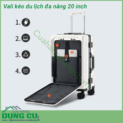Vali kéo du lịch đa năng 20 inch có thiết kế khung hợp kim nhôm siêu chắc chắn Tay cầm bằng kim loại sáng bóng không gỉ kéo lên kéo xuống mượt mà Bánh xe xoay 360 độ giúp kéo đẩy vali nhẹ nhàng dễ dàng Ngăn đựng rộng rãi chắc chắn