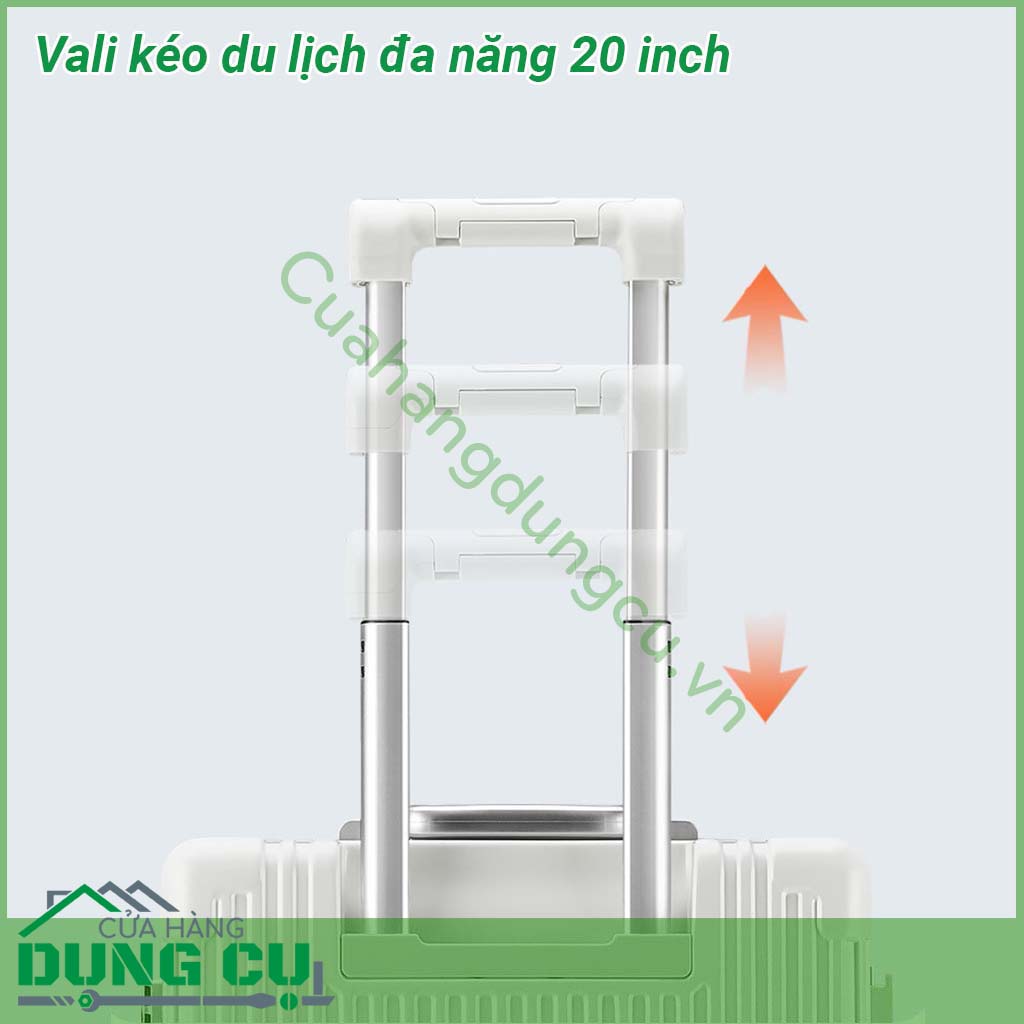 Vali kéo du lịch đa năng 20 inch có thiết kế khung hợp kim nhôm siêu chắc chắn Tay cầm bằng kim loại sáng bóng không gỉ kéo lên kéo xuống mượt mà Bánh xe xoay 360 độ giúp kéo đẩy vali nhẹ nhàng dễ dàng Ngăn đựng rộng rãi chắc chắn