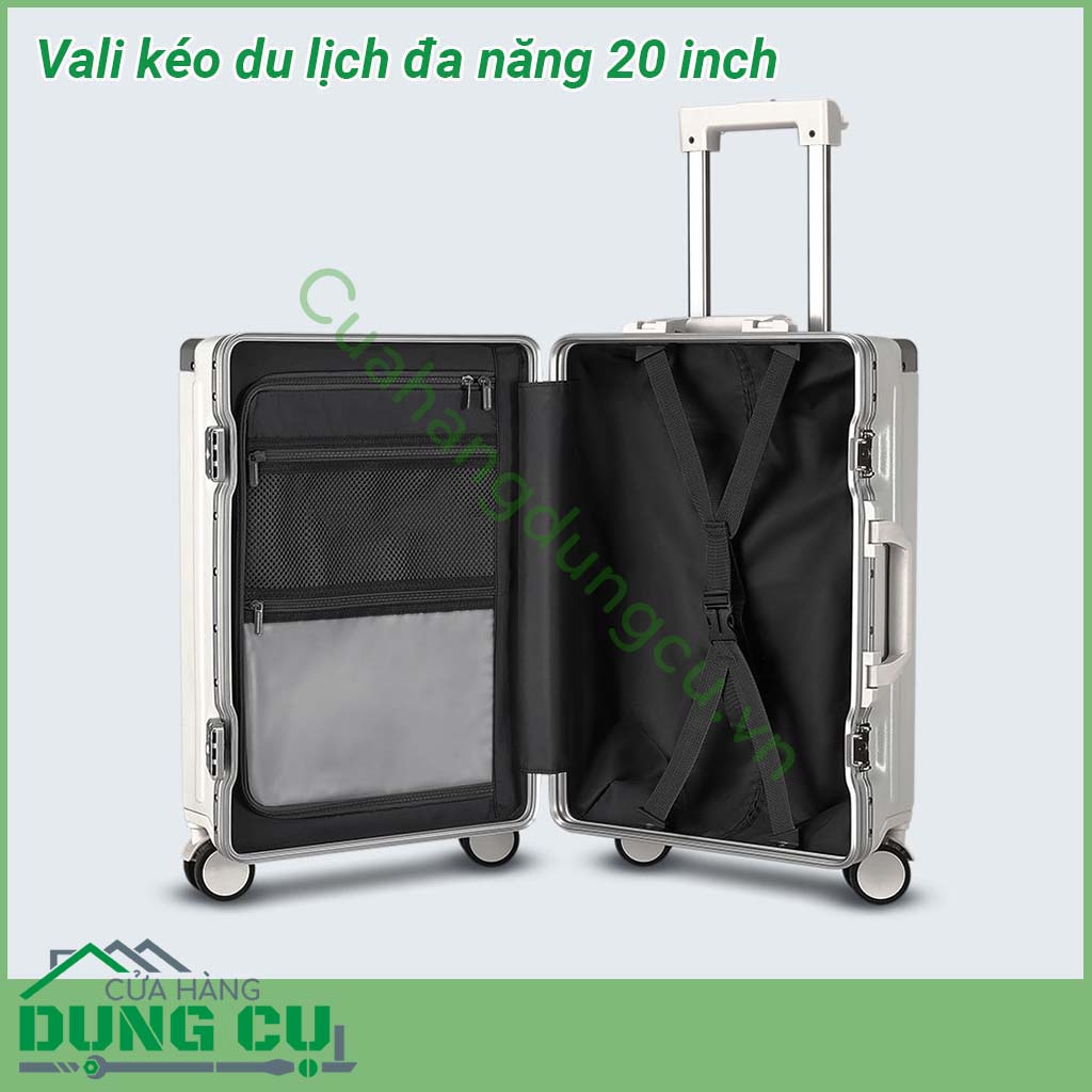 Vali kéo du lịch đa năng 20 inch có thiết kế khung hợp kim nhôm siêu chắc chắn Tay cầm bằng kim loại sáng bóng không gỉ kéo lên kéo xuống mượt mà Bánh xe xoay 360 độ giúp kéo đẩy vali nhẹ nhàng dễ dàng Ngăn đựng rộng rãi chắc chắn