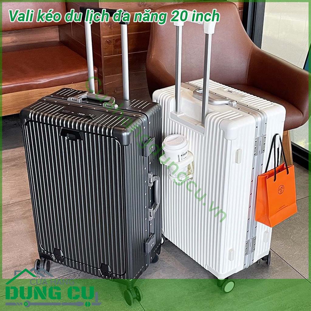 Vali kéo du lịch đa năng 20 inch có thiết kế khung hợp kim nhôm siêu chắc chắn Tay cầm bằng kim loại sáng bóng không gỉ kéo lên kéo xuống mượt mà Bánh xe xoay 360 độ giúp kéo đẩy vali nhẹ nhàng dễ dàng Ngăn đựng rộng rãi chắc chắn