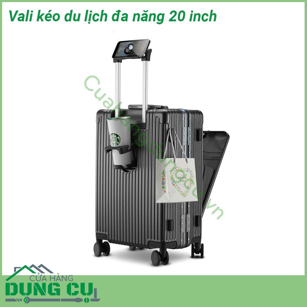 Vali kéo du lịch đa năng 20 inch có thiết kế khung hợp kim nhôm siêu chắc chắn Tay cầm bằng kim loại sáng bóng không gỉ kéo lên kéo xuống mượt mà Bánh xe xoay 360 độ giúp kéo đẩy vali nhẹ nhàng dễ dàng Ngăn đựng rộng rãi chắc chắn