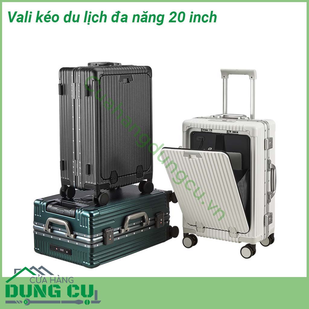 Vali kéo du lịch đa năng 20 inch có thiết kế khung hợp kim nhôm siêu chắc chắn Tay cầm bằng kim loại sáng bóng không gỉ kéo lên kéo xuống mượt mà Bánh xe xoay 360 độ giúp kéo đẩy vali nhẹ nhàng dễ dàng Ngăn đựng rộng rãi chắc chắn
