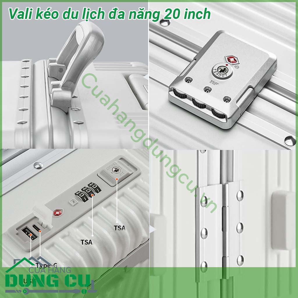 Vali kéo du lịch đa năng 20 inch có thiết kế khung hợp kim nhôm siêu chắc chắn Tay cầm bằng kim loại sáng bóng không gỉ kéo lên kéo xuống mượt mà Bánh xe xoay 360 độ giúp kéo đẩy vali nhẹ nhàng dễ dàng Ngăn đựng rộng rãi chắc chắn