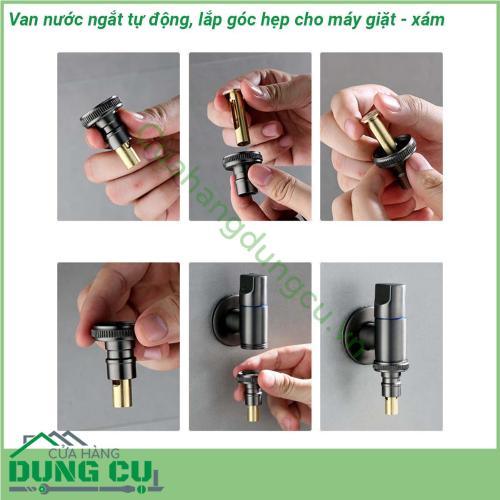 Van nước ngắt tự động lắp góc hẹp cho máy giặt - xám được đúc bằng đồng nguyên khối chống ăn mòn bền đẹp và thân thiện môi trường  Kiểu dáng đẹp sáng bóng  thiết kế xoay 90 ° xả nước trơn tru không rò rỉ nước  Có thể lắp đặt trong không gian nhỏ phù hợp với hầu hết sử dụng tại nhà